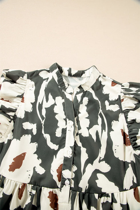 Bohemian Floral Print Flutter Sleeve Button Detail Ruffled Hem Mini Dress